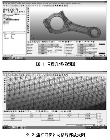 圖 1 清理幾何模型圖               圖 2 連桿四面體網(wǎng)格局部放大圖